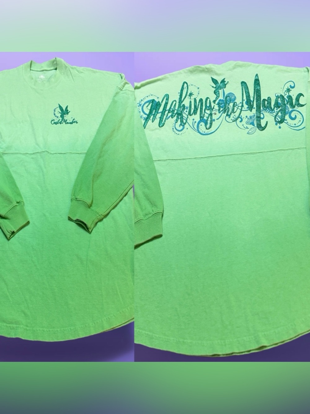 Disney Tinkerbell Jersey Spirit mint Teal Crewneck with White Script Logo M RARE